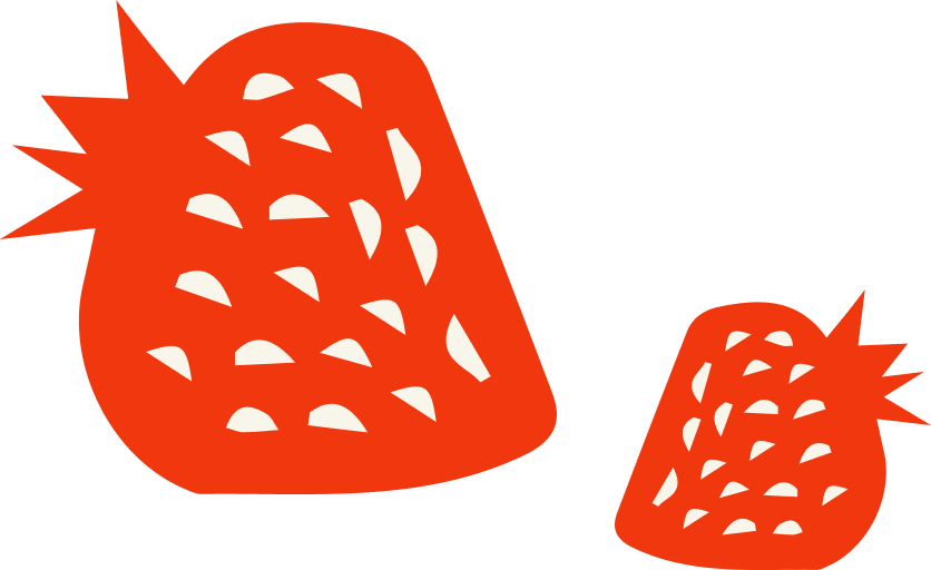 Two abstract strawberries representing real IQF fruit used in premium hand pies with a golden flaky crust.