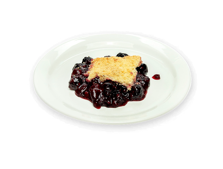 Warm homemade-tasting fruit cobbler with buttery crumble, ready to serve, made from premium IQF fruit.