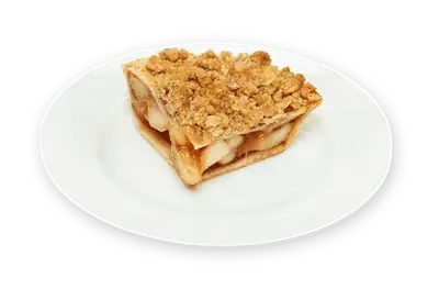 Golden crust apple pie slice with premium IQF fruit on a white plate, showcasing homemade flavor.