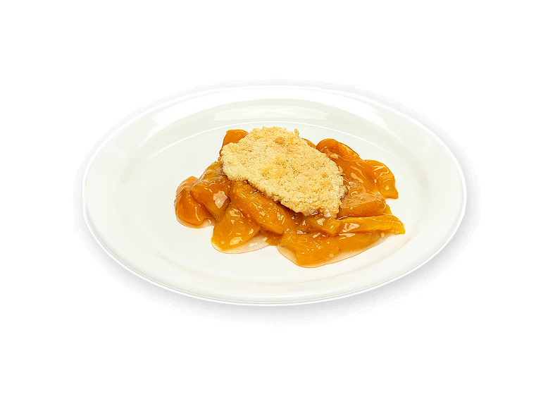 Warm homemade peach cobbler with buttery crumble topping, using premium IQF fruit for fresh taste.