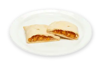 Peach hand pie with golden flaky crust, filled with real IQF fruit, on a white plate, perfect for easy grab.