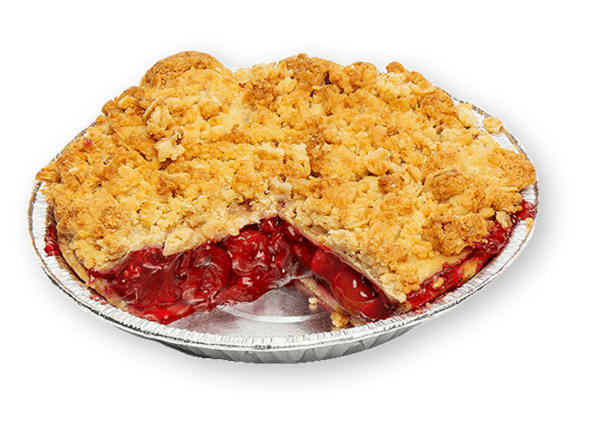 Cherry pie with crumb topping, highlighting Fresh Chef Foods' homemade-tasting cobblers and desserts.