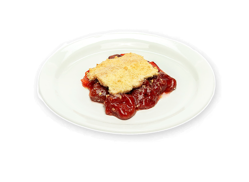 Strawberry cobbler with a buttery crumble, showcasing warm homemade tasting fruit cobblers made from premium IQF fruit.