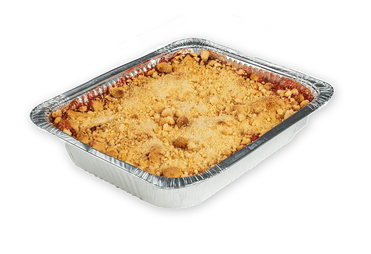 Warm homemade tasting fruit cobbler in foil tray, topped with buttery crumble, ready to bake with premium IQF fruit.